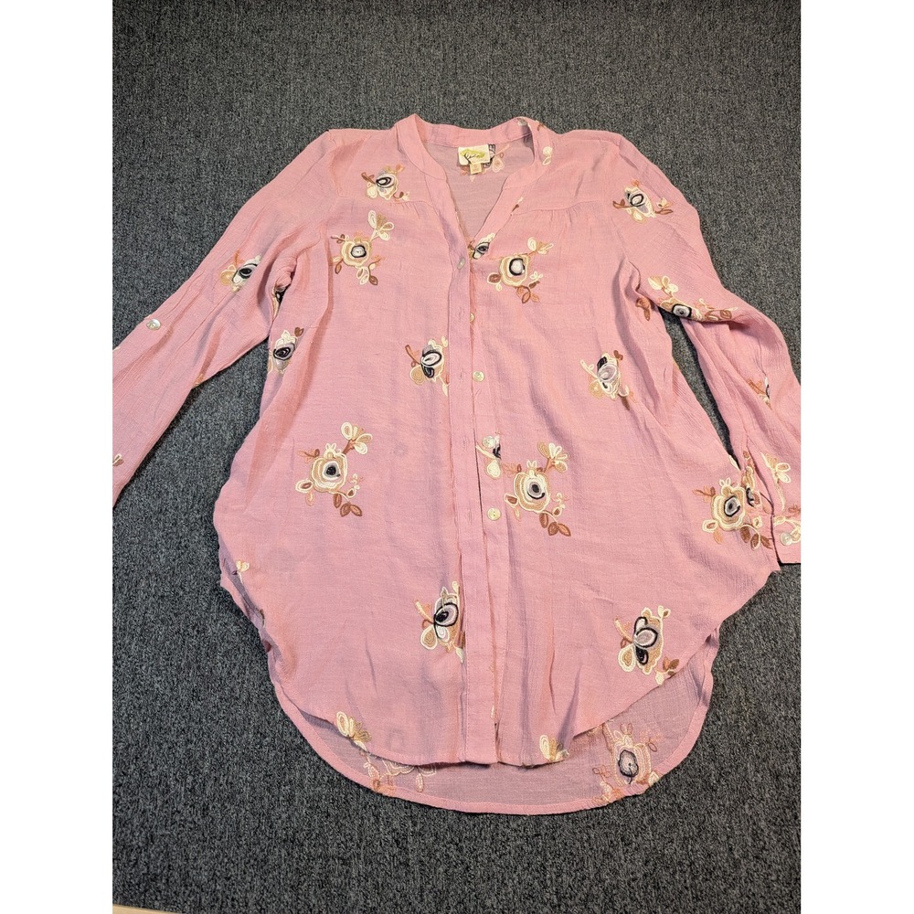 Fig and Flower Pink Embroidered Floral Button Down Tunic Top Small